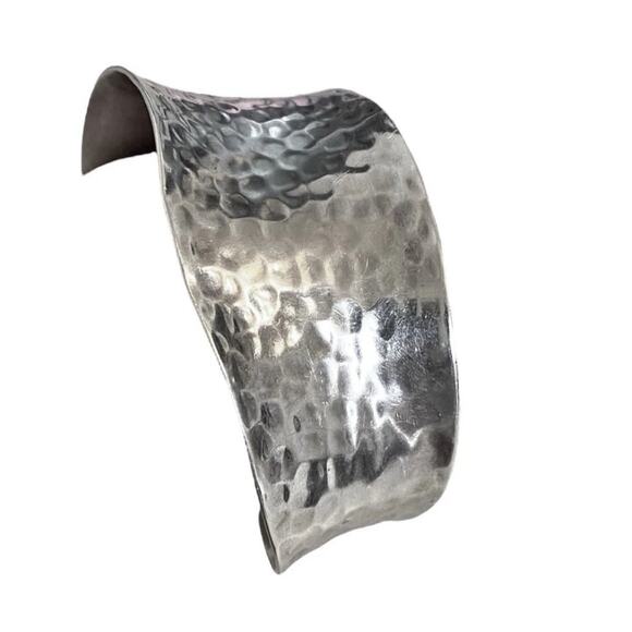 Hammered 925 Silver Bracelet Wave Bone Cuff Raised Wrist Mexico Modernist Boho - Picture 3 of 12